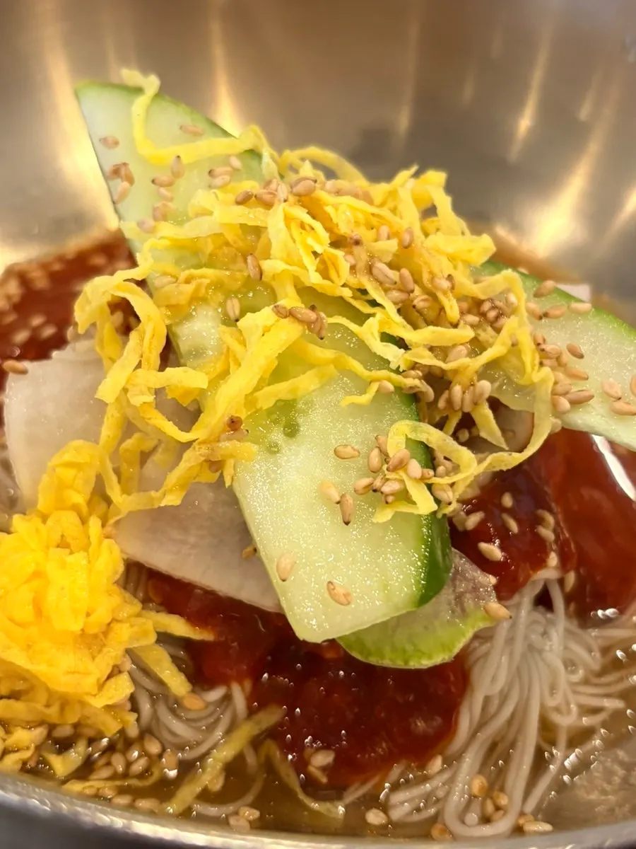 Bibim naengmyeon with generous red seasoning