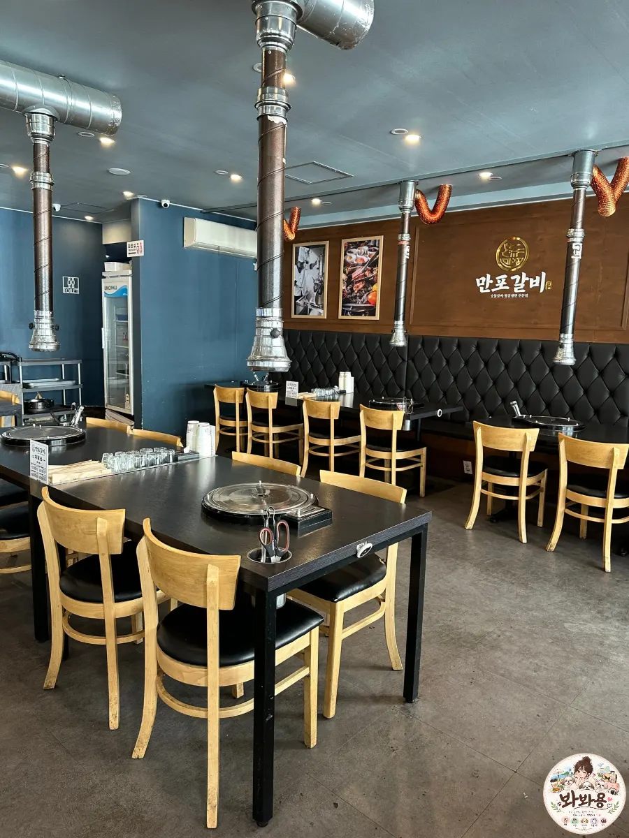 Interior with 4-person tables set up with built-in grills
