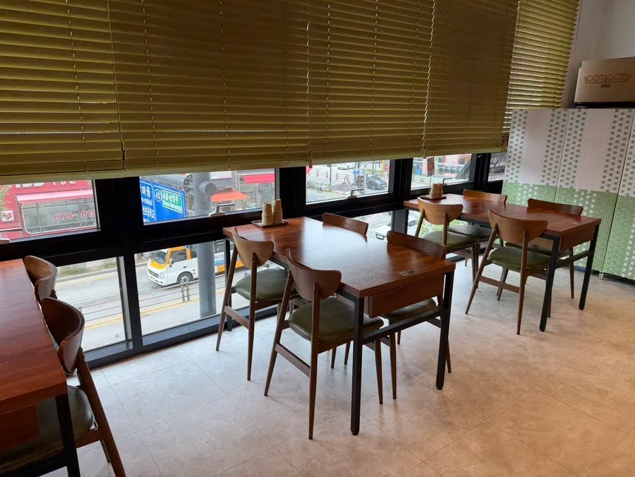 Spacious restaurant interior with tables