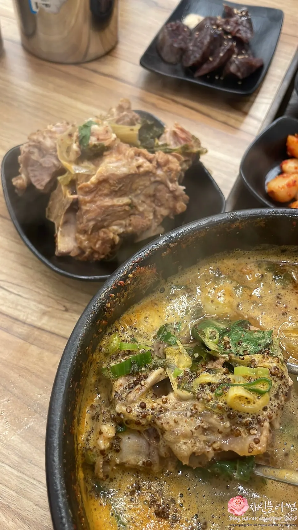 Close-up of bone soup packed with ingredients