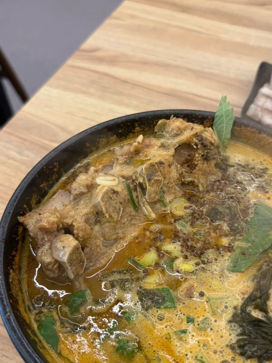Close-up of the spicy red sundaeguk broth