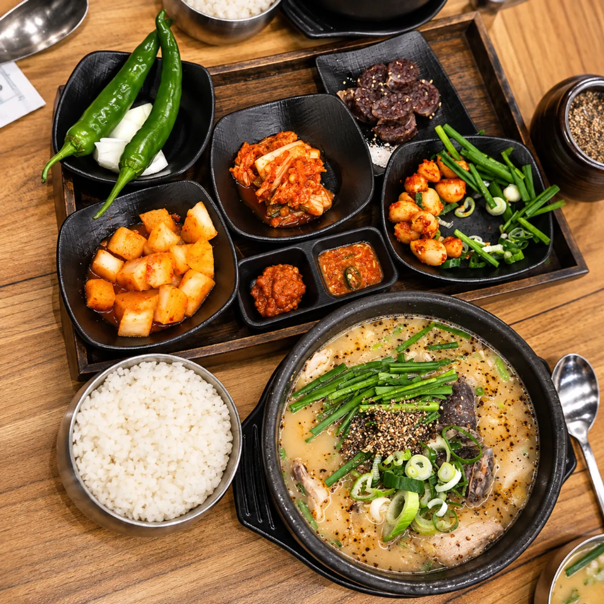 A full table setting of sundaeguk at Yetnal Gyeongseong Sundaeguk Nokyang Branch