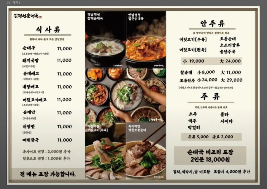 Yetnal Gyeongseong Sundaeguk Nokyang Branch menu