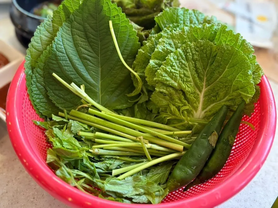 Minari and cabbage wrap greens as banchan