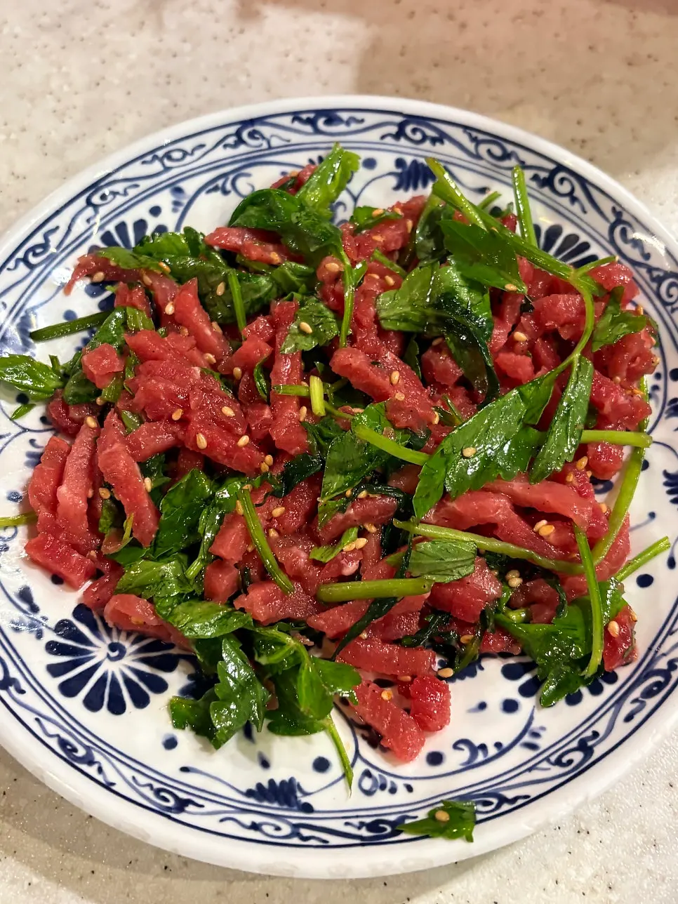 Plate of complimentary beef tartare