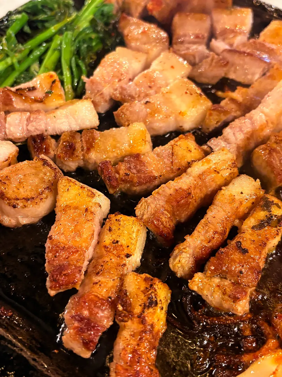 A fully cooked piece of pork belly