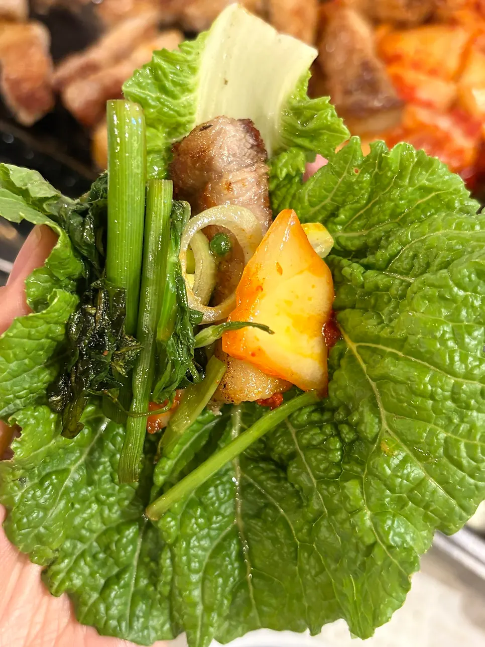Pork belly wrapped in ssam vegetables