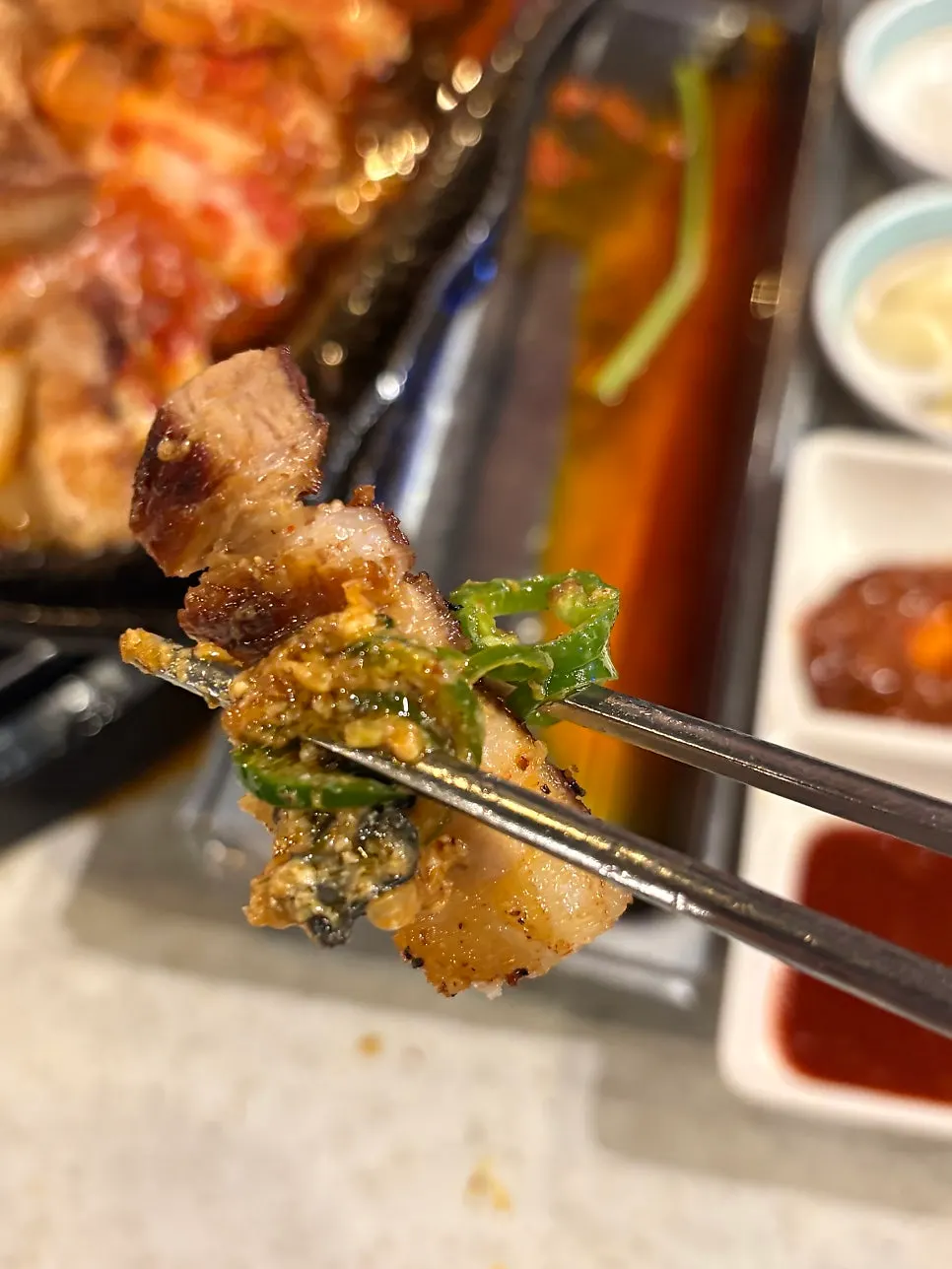 Pork belly paired with doenjang paste and cheongyang chili peppers