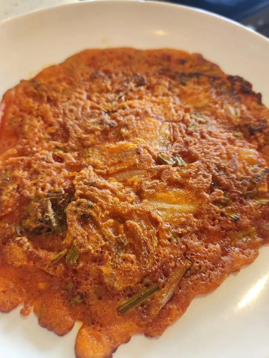 A homemade kimchi pancake