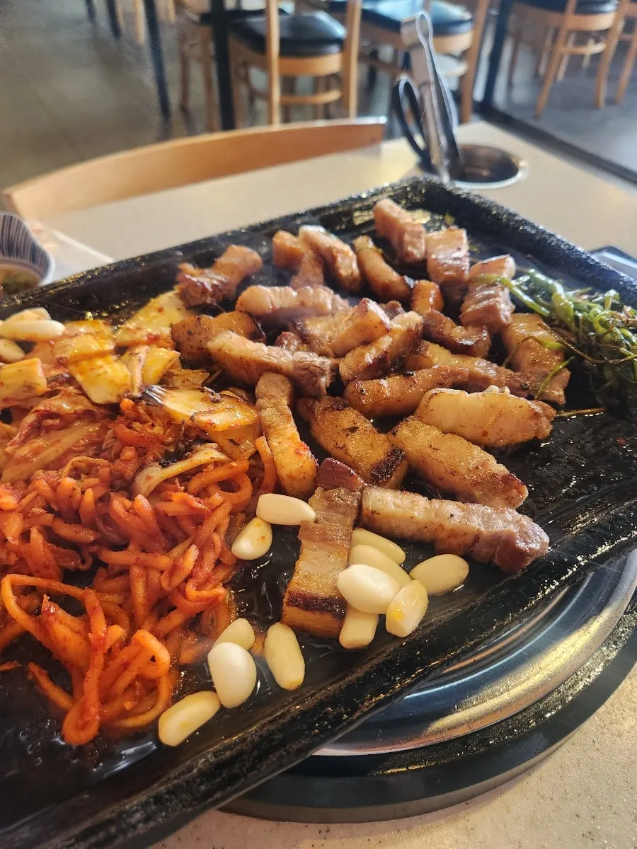 Nicely cooked pork belly with grilled kimchi