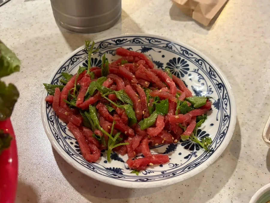 Pork belly for two with kimchi, scallions, and minari spread