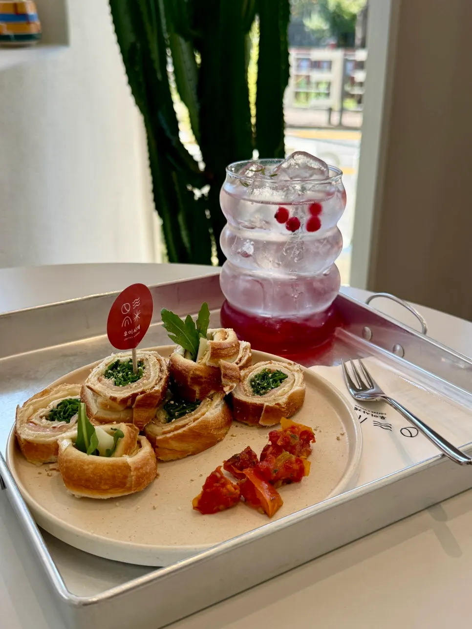 Chimney gimbap and omija ade set on the table