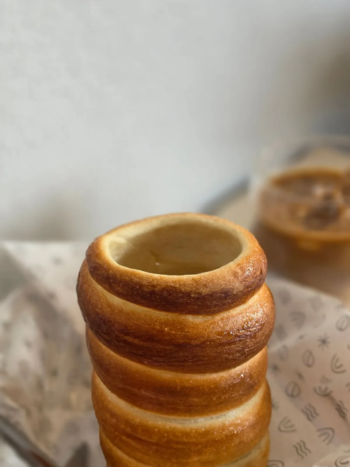 Close-up of the crispy exterior of the original chimney bread