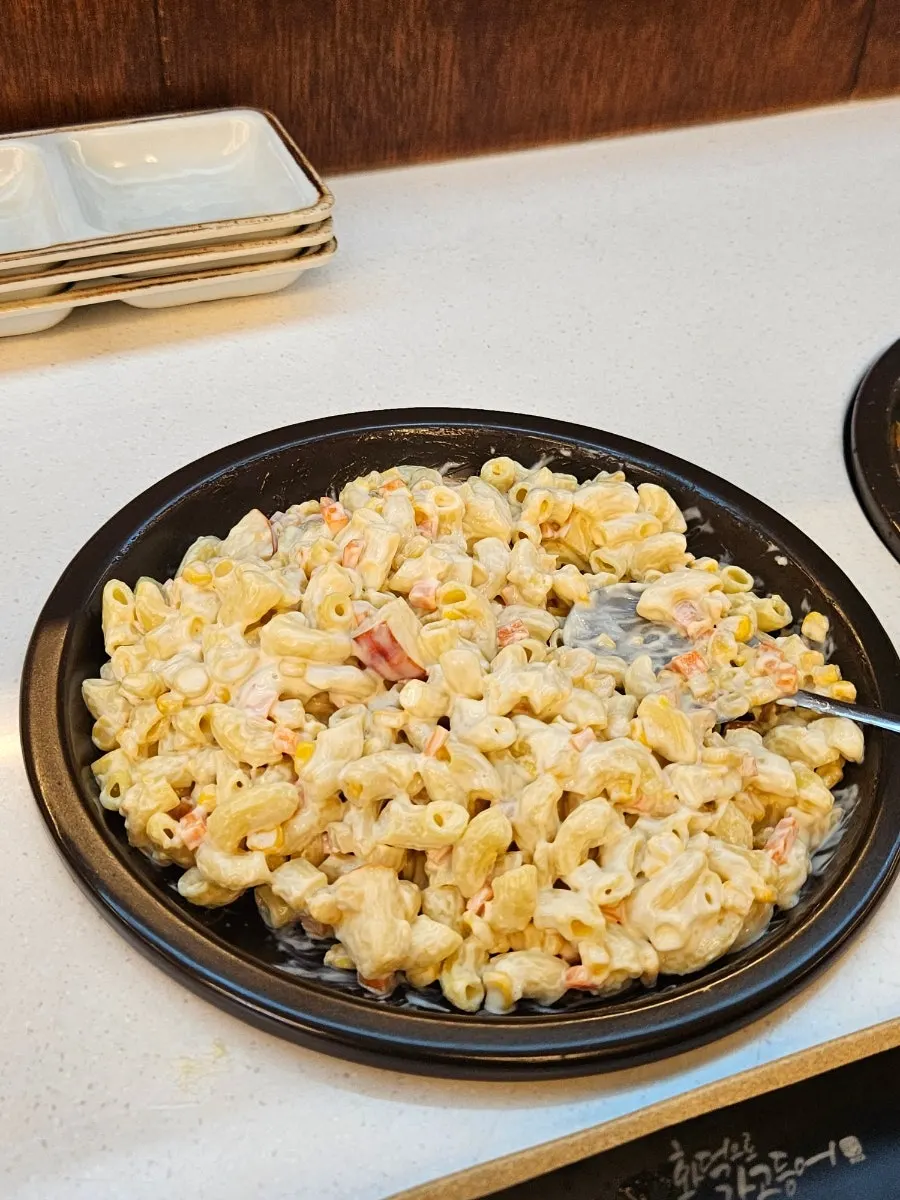 Macaroni salad at the self-serve bar