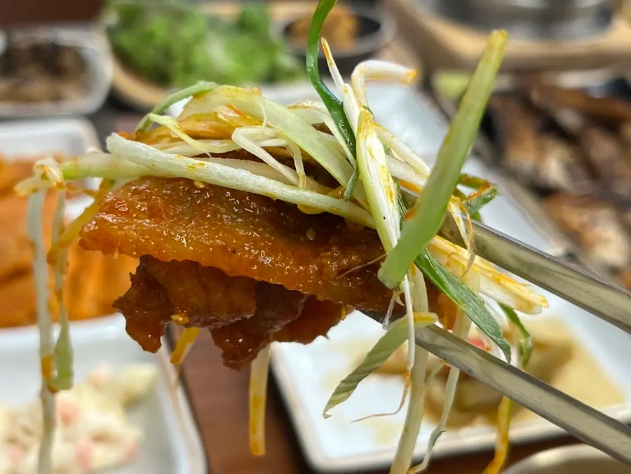Close-up of smoky stir-fried pork