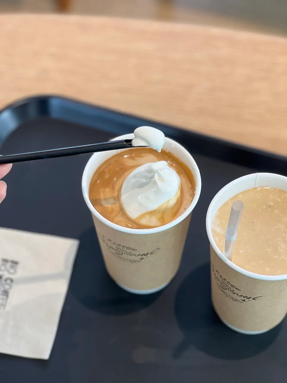 Table with both the Summer Latte and coconut latte placed together