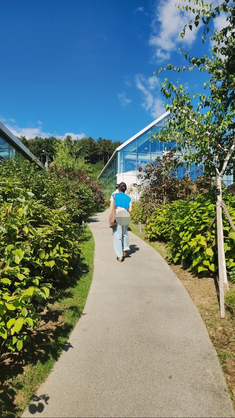 Walking up the outlet's hill path to the café