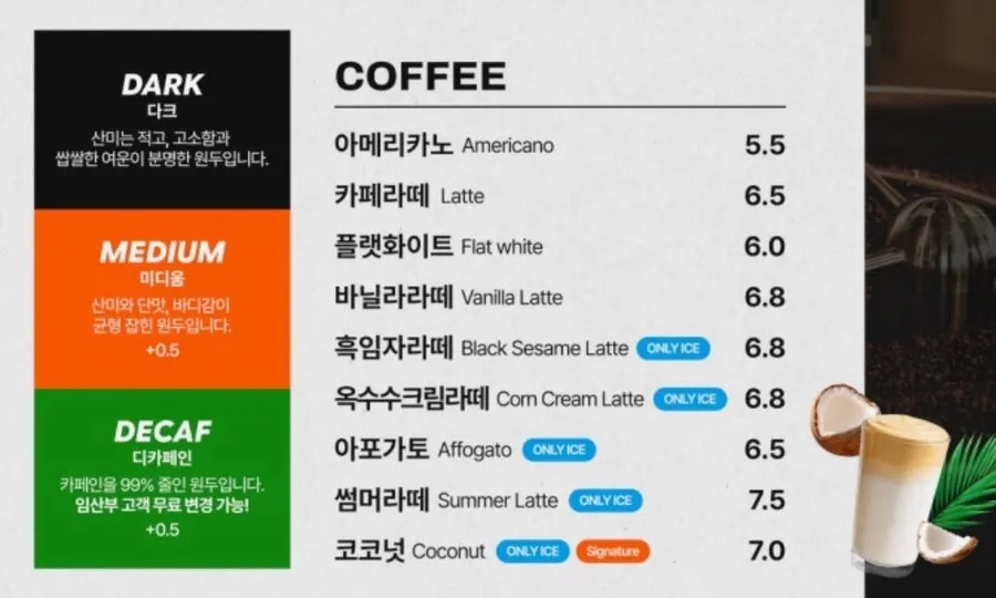 커피 메뉴가 적힌 매장 메뉴판