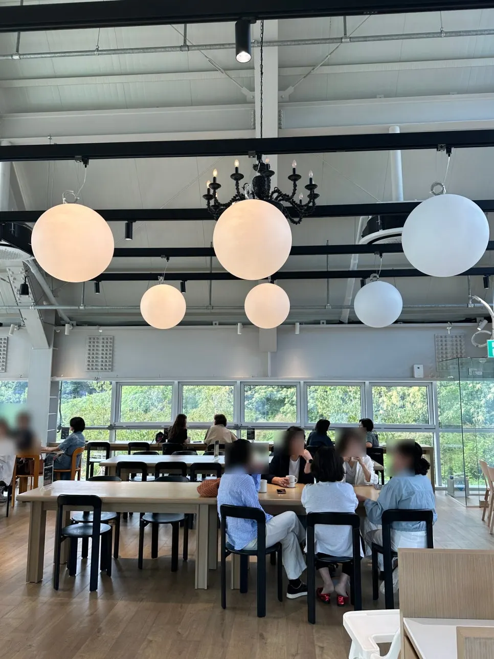 Café table seating arranged in the split-level area
