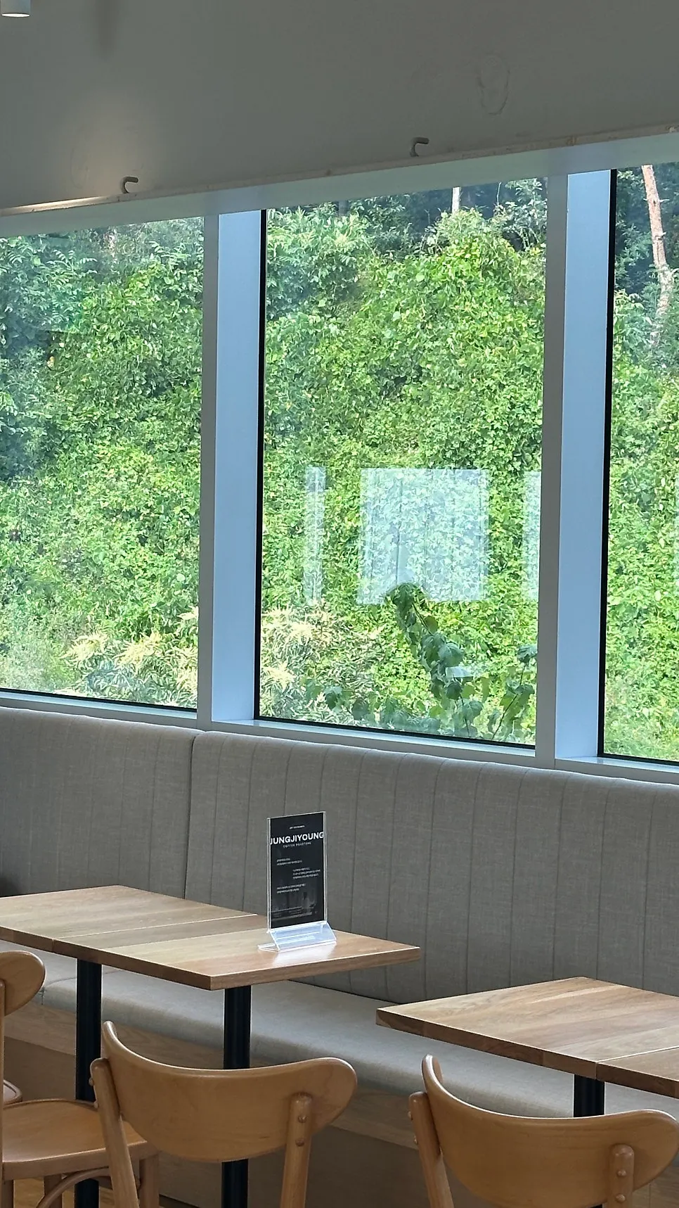 Café space with high ceilings and full-height windows