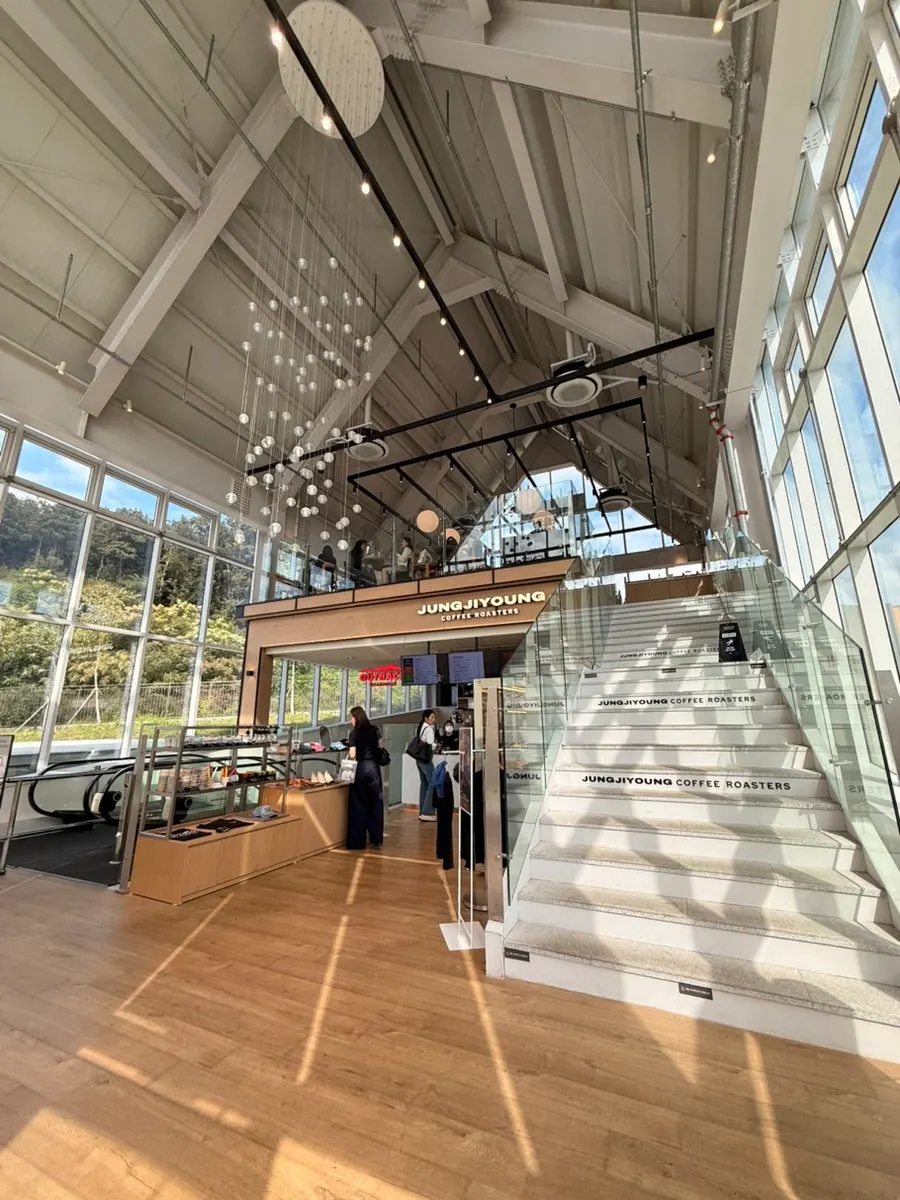 Café interior with autumn sky visible through the window wall