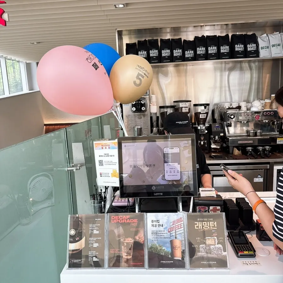 Café space with a logo in the center