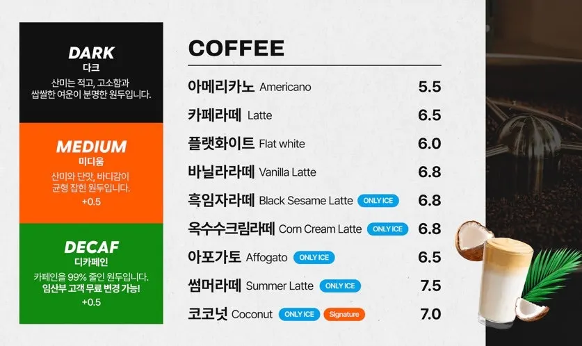 Jeong Jiyoung Coffee Roasters menu board