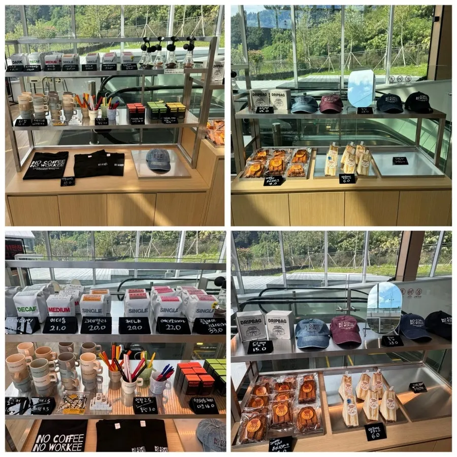 Third-floor counter displaying coffee and goods
