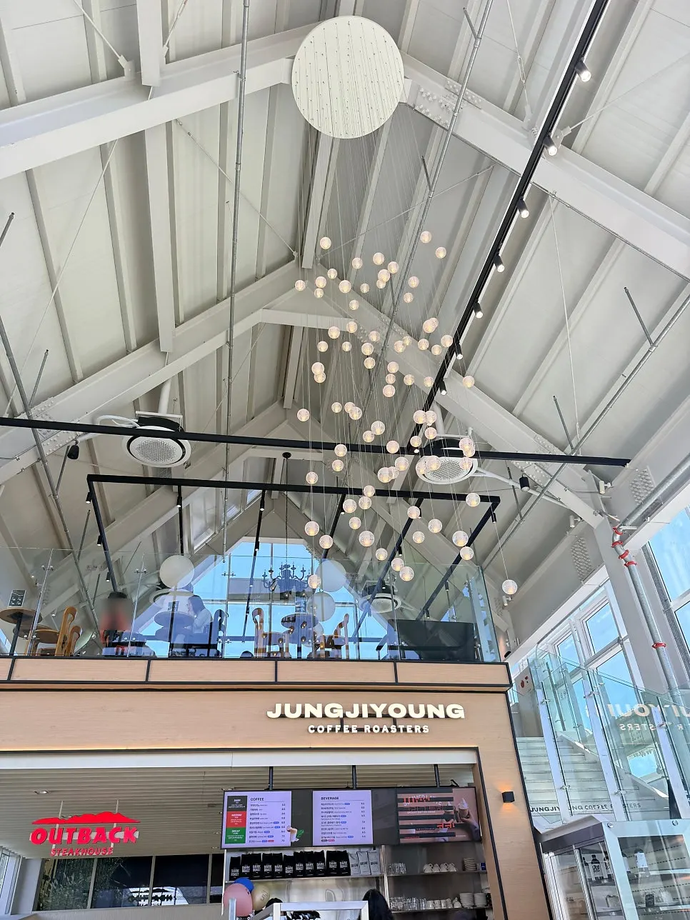 Café interior lit by a glass roof