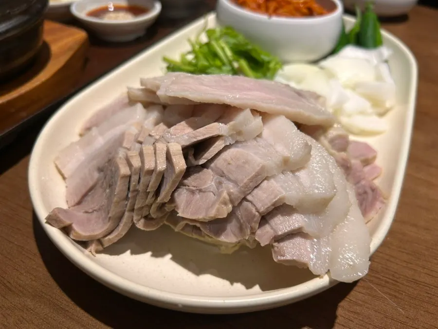 Close-up of thick-cut boiled bossam pork