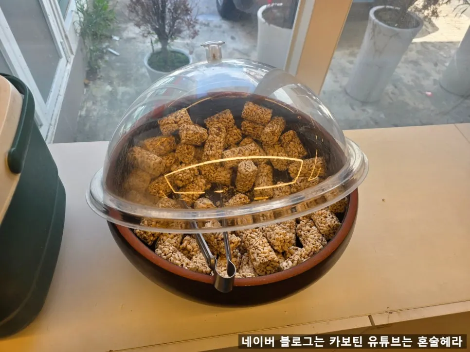 Self-service corner with yogurt and barley crackers