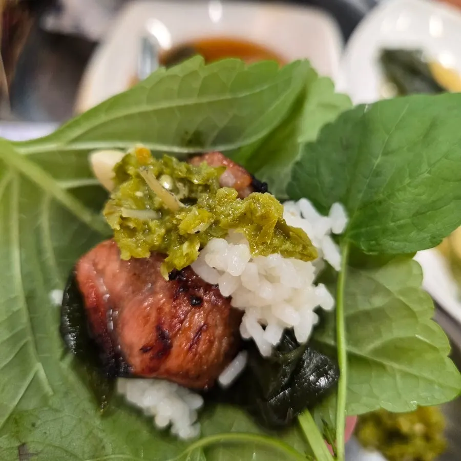 Marinated ribs wrapped in perilla and banga leaves