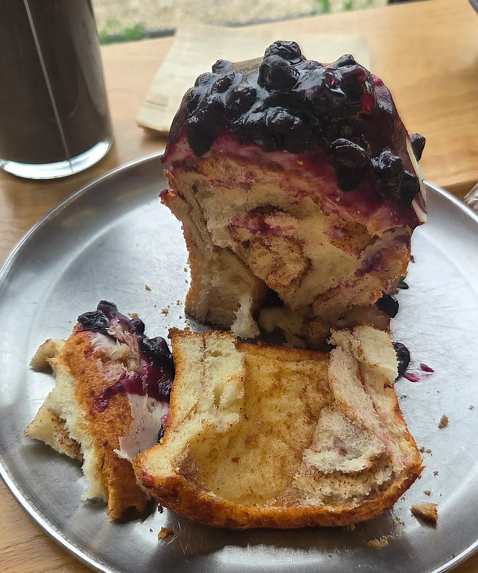 Cinnamon roll topped generously with cream cheese and blueberries