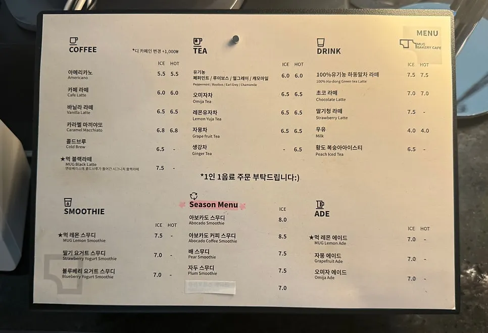 MUG drink menu board