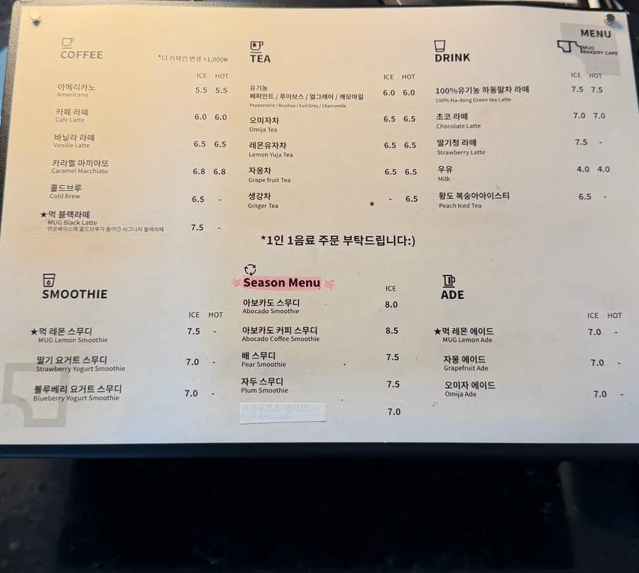 Wide shot of MUG's drink menu board