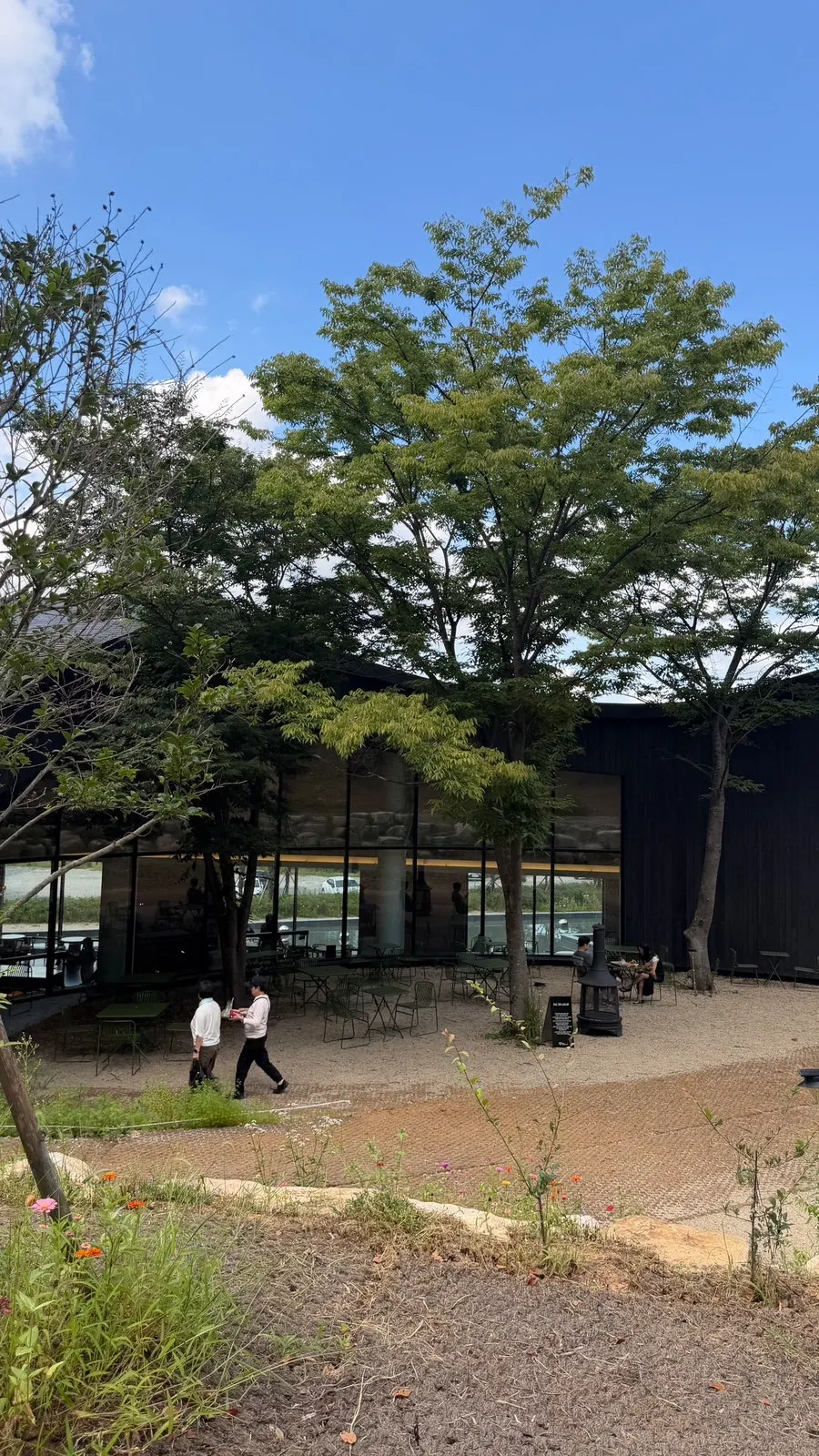 Outdoor seating and forest behind MUG