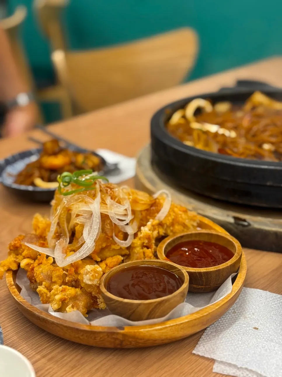 Handmade dontang-chitang served with pork cutlet and chicken