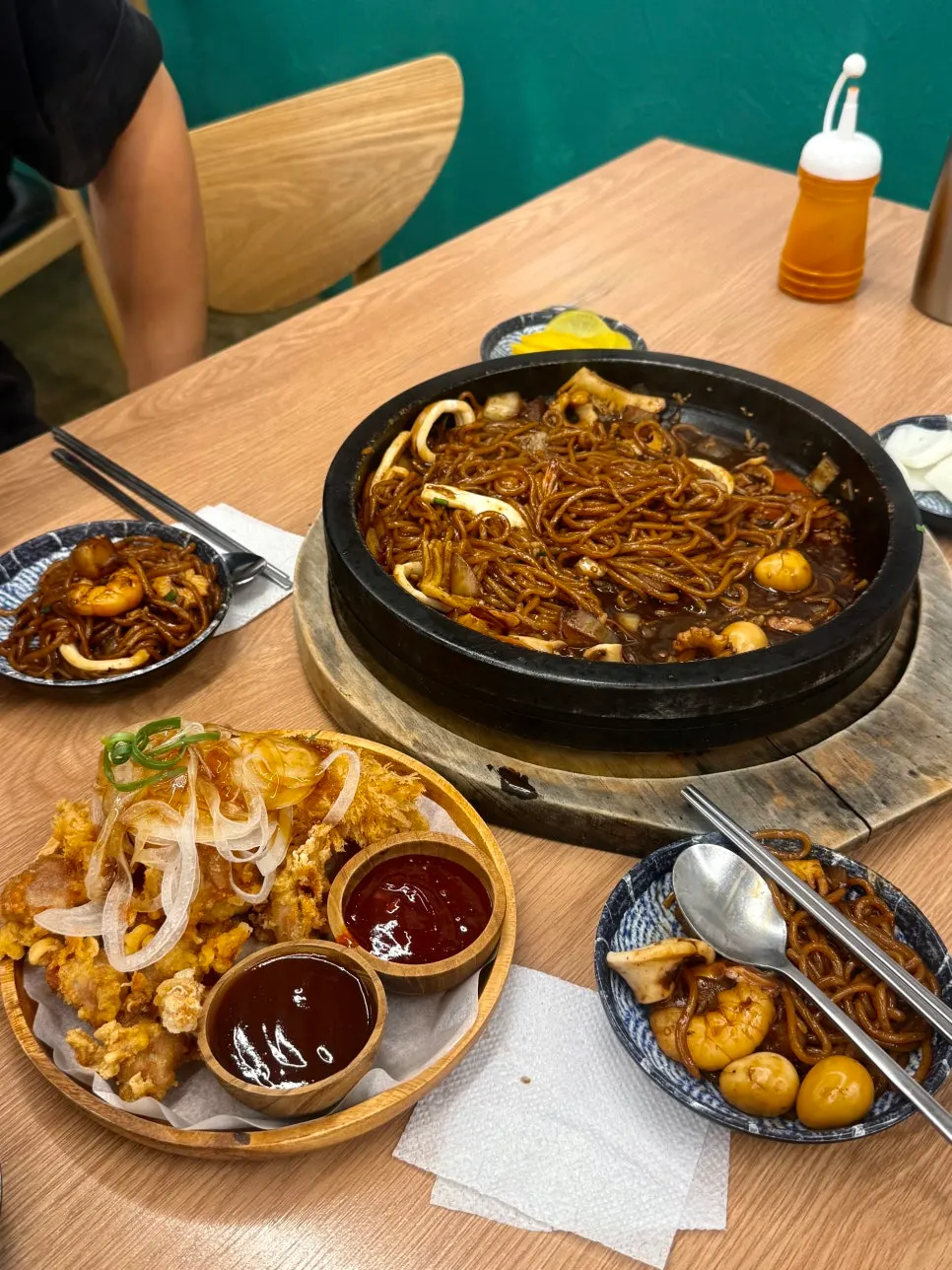 Full table setting for two with stone jjajang and dontang-chitang