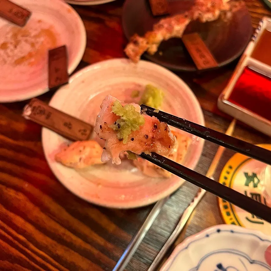 Yakitori with sauce and wasabi