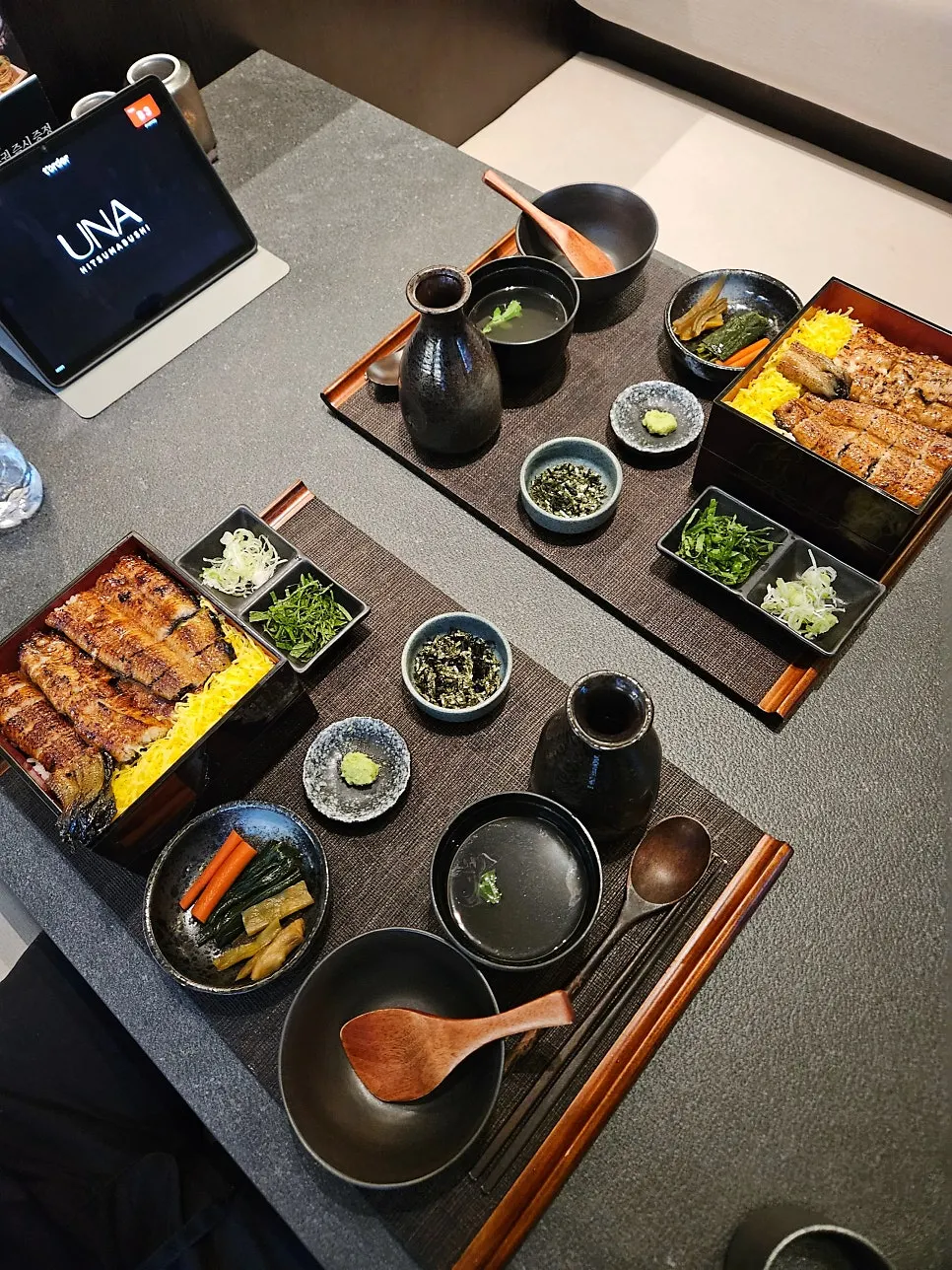 Hitsumabushi special table setting served on one tray at Una Magok