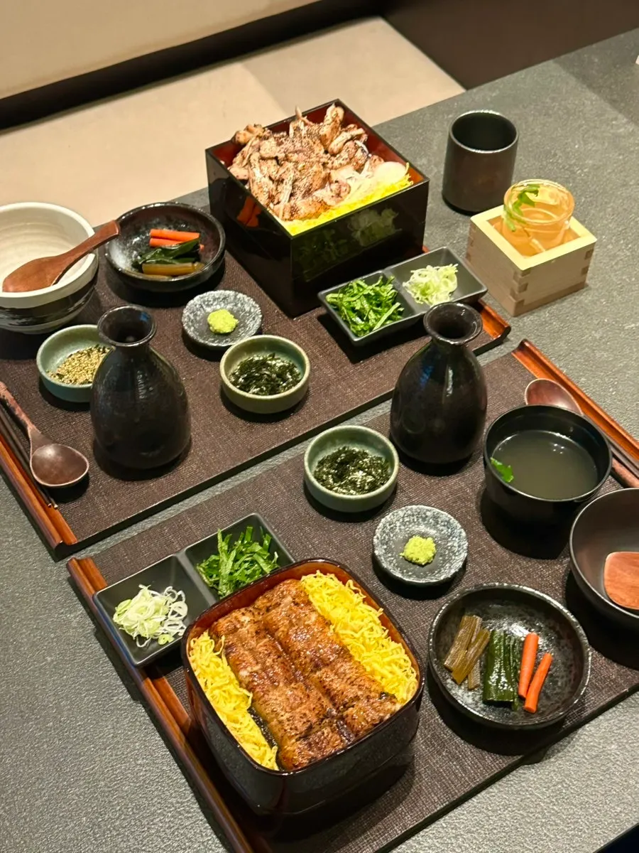A full spread of Una Magok's hitsumabushi Nagoya-style eel rice bowl