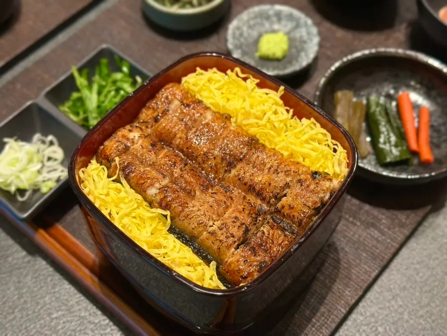 Close-up of hitsumabushi covered with eel and egg strips