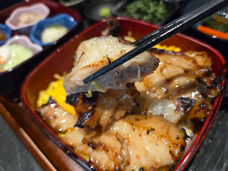A piece of charcoal-grilled mero