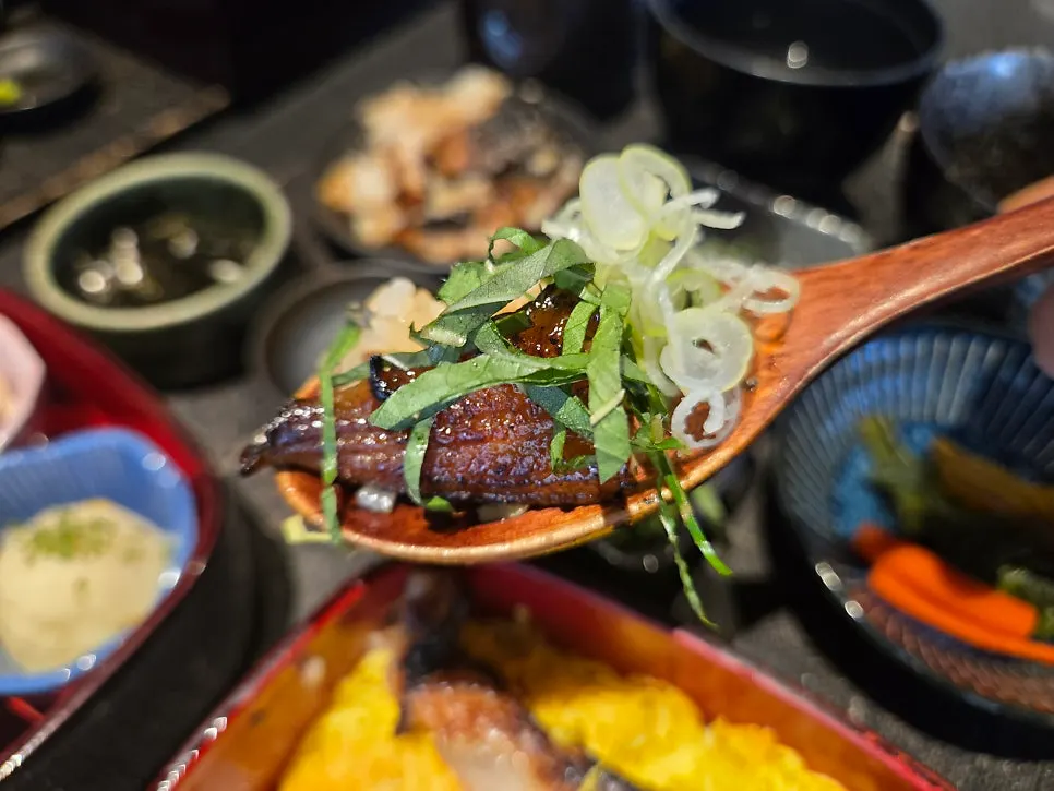 Eel rice bowl topped with tare sauce