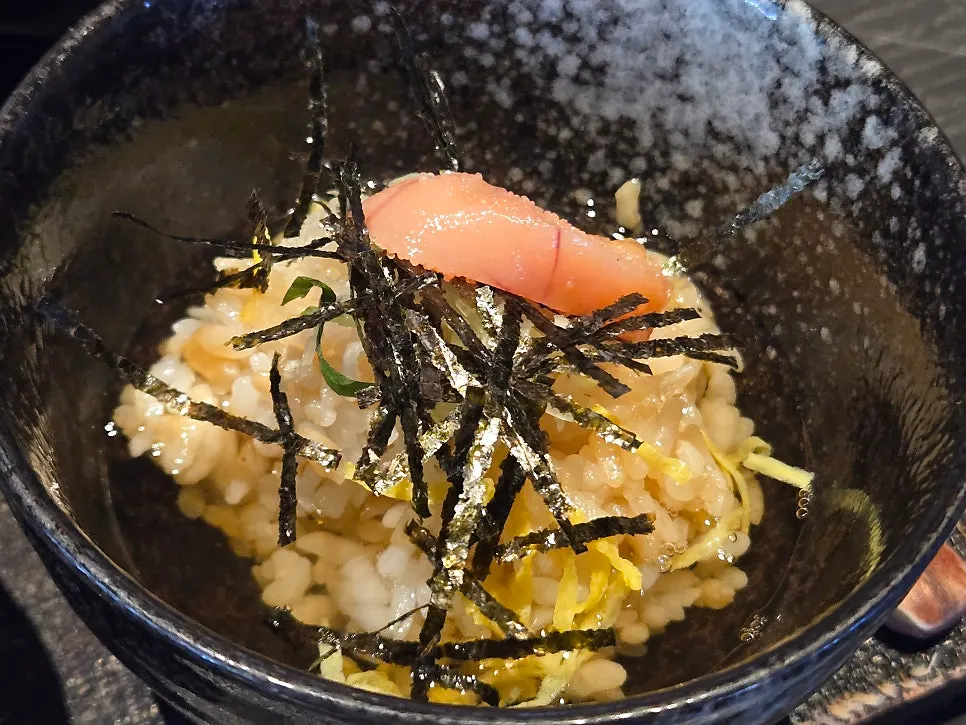 Mentaiko ochazuke topped with mentaiko, scallion, and seaweed flakes