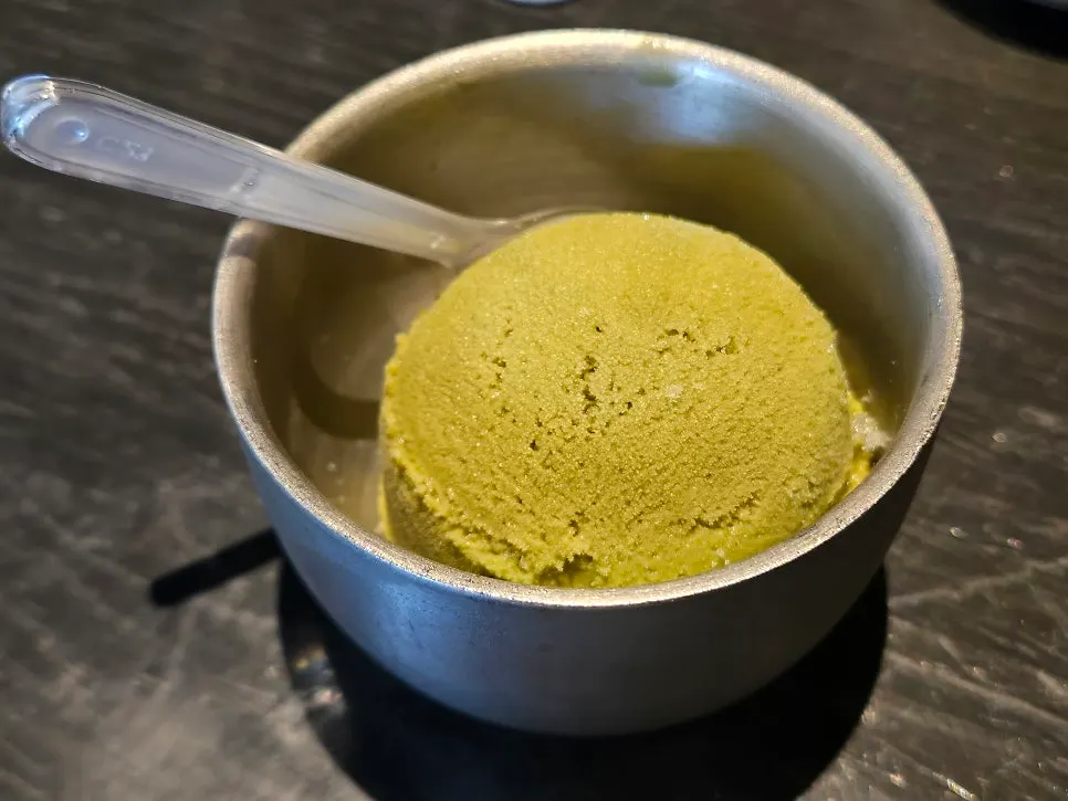 Green tea ice cream served to finish the meal