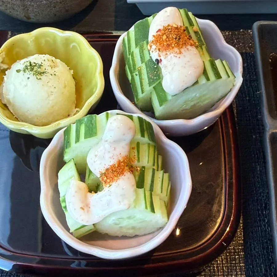 Plate of pickled radish, konjac, and mushroom banchan