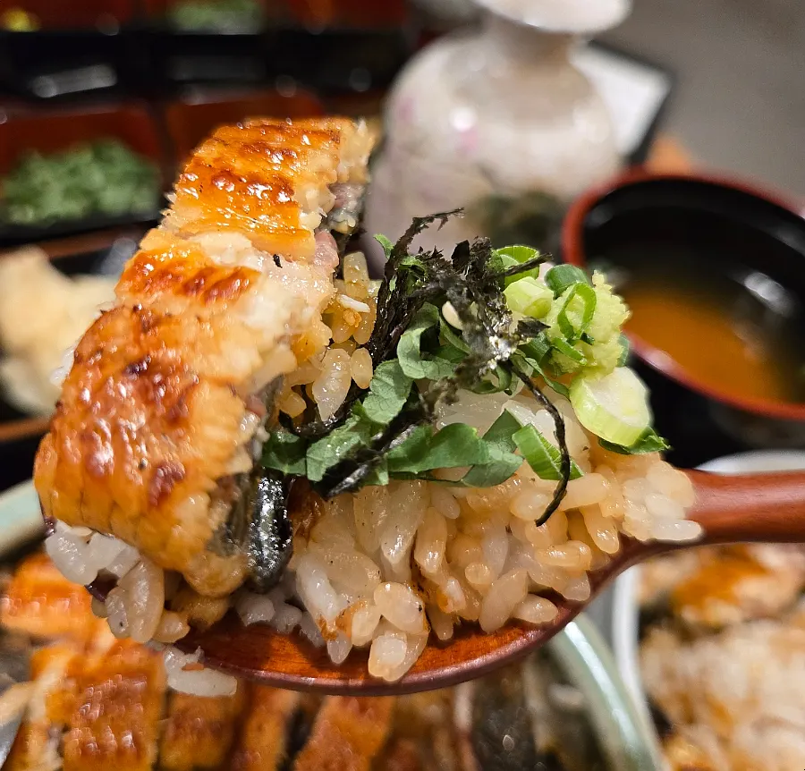 Spoonful of eel rice bowl topped with perilla leaf and seaweed flakes