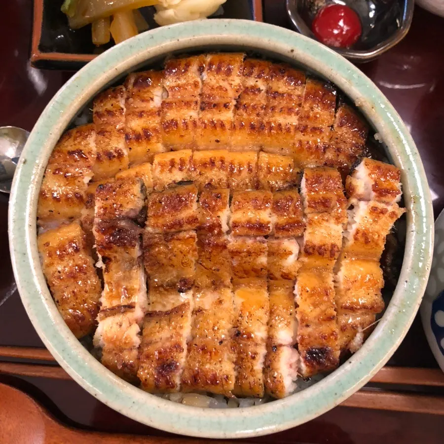 밥 위에 올린 숯불 장어 한 마리