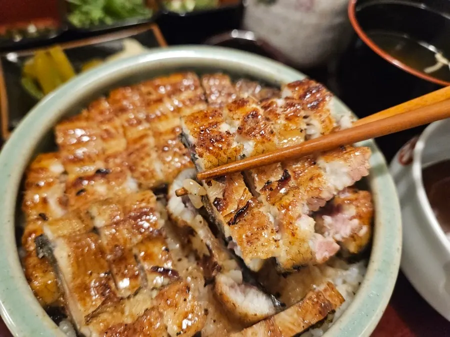 Close-up of a glossy whole-eel rice bowl